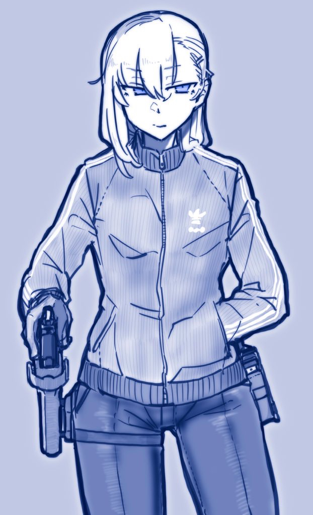 1girl, air_glen, full-length_zipper, glaring, gloves, gun, hair_ornament, hairpin, hand_in_pocket, handgun, jacket, jitome, looking_to_the_side, original, short_hair, simple_background, solo, track_jacket, weapon, white_hair, zipper