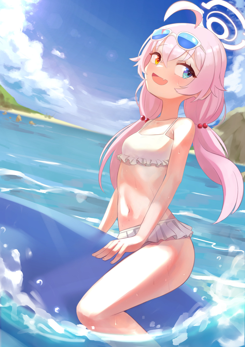 1girl, :d, absurdres, ahoge, ass, bangs, beach, bikini