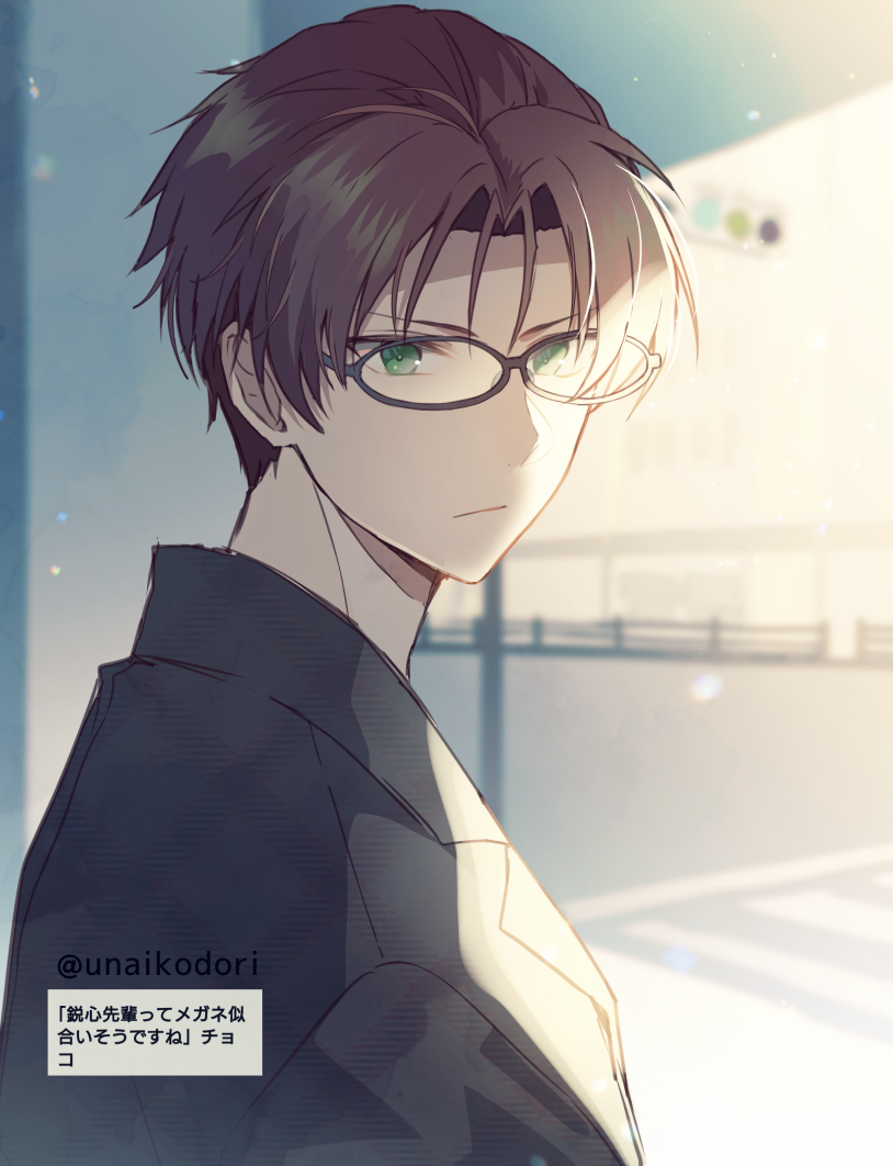 1boy, black_shirt, bridge, closed_mouth, collared_shirt, glasses, green_eyes, idolmaster