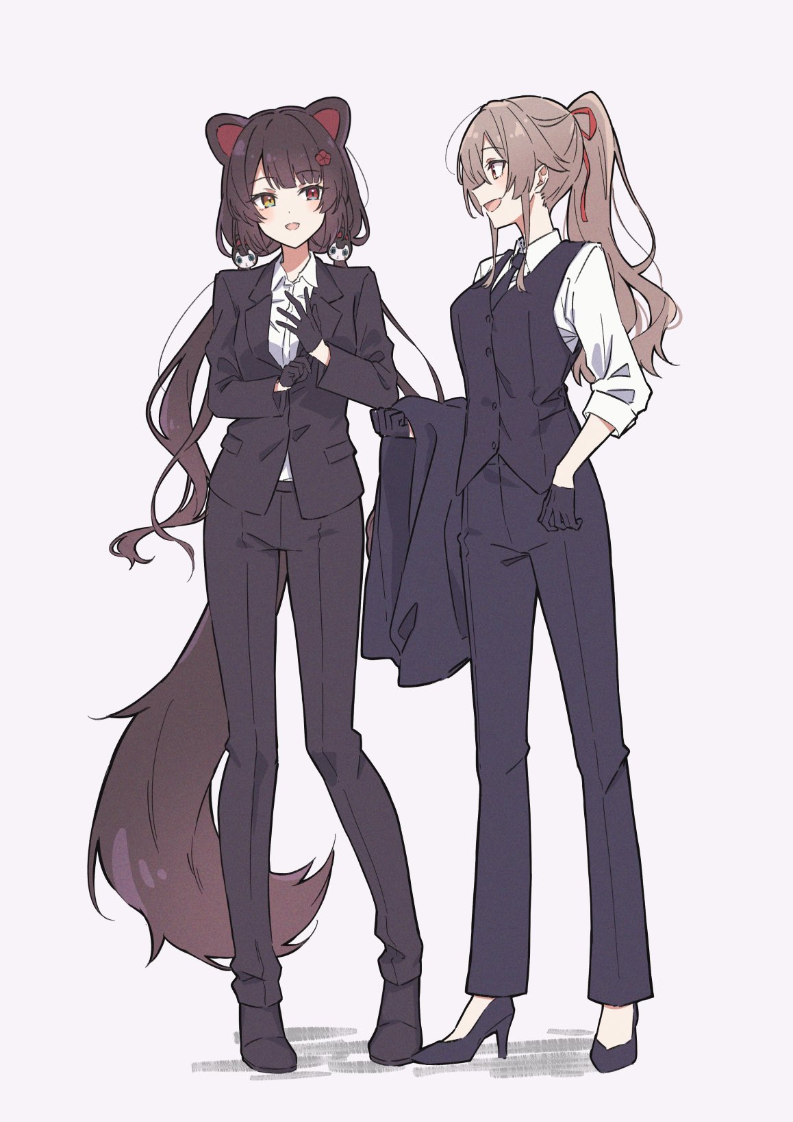 2girls, adjusting_clothes, adjusting_gloves, animal_ears, bangs, black_footwear, black_gloves, black_necktie