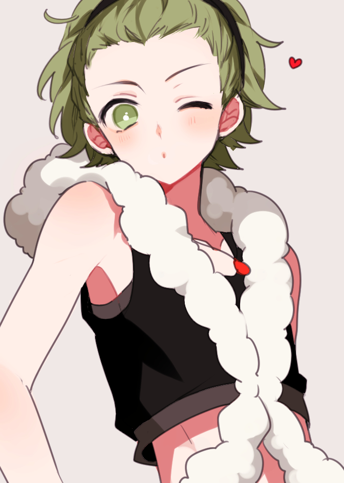 1boy, biskekun, black_shirt, blush, crop_top, feather_boa, green_eyes, green_hair
