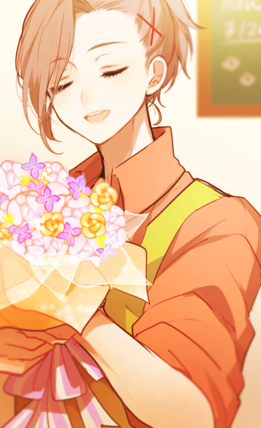 1boy, bishounen, biskekun, bouquet, brown_hair, closed_eyes, collared_shirt, flower
