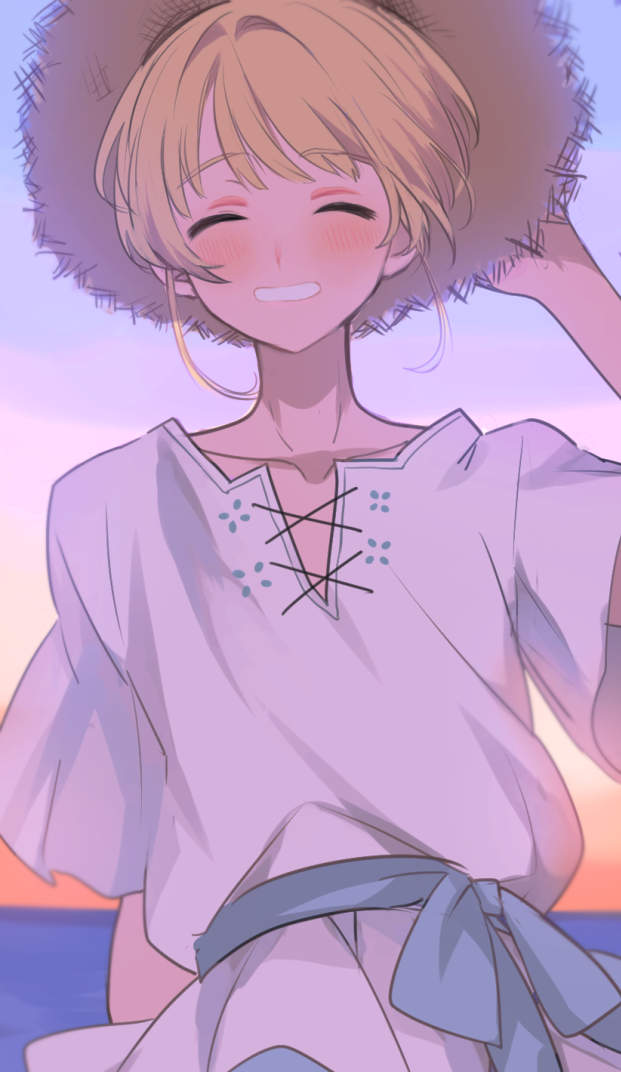 1boy, belt, bishounen, biskekun, blonde_hair, blue_belt, blue_pants, blush