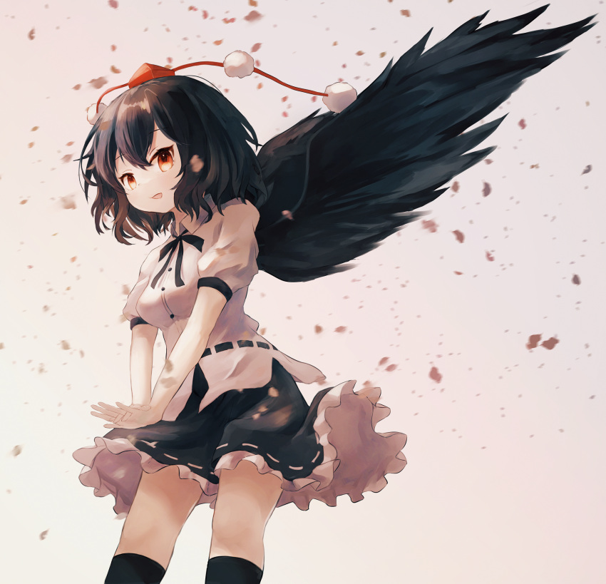 1girl, ar_(maeus), bangs, bird_wings, black_hair, black_skirt, black_socks, black_wings, buttons, collared_shirt, feathered_wings, feet_out_of_frame, frilled_skirt, frills, hair_between_eyes, hat, highres, kneehighs, open_mouth, pom_pom_(clothes), red_eyes, red_headwear, shameimaru_aya, shirt, short_hair, short_sleeves, skirt, socks, solo, tokin_hat, touhou, white_shirt, wings