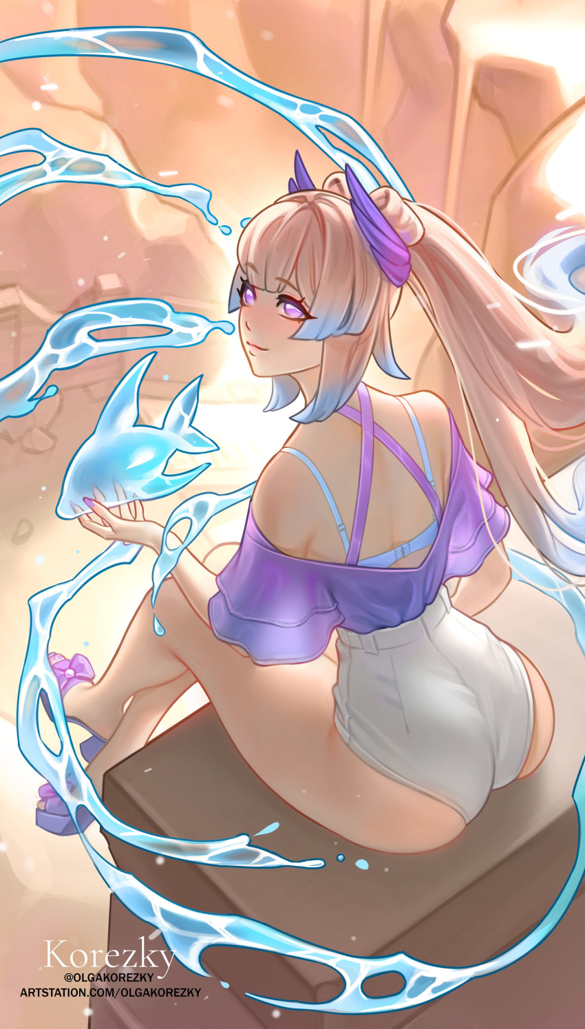 absurdres, ass, bow-shaped_hair, bra, casual, colored_tips, fish, from_behind