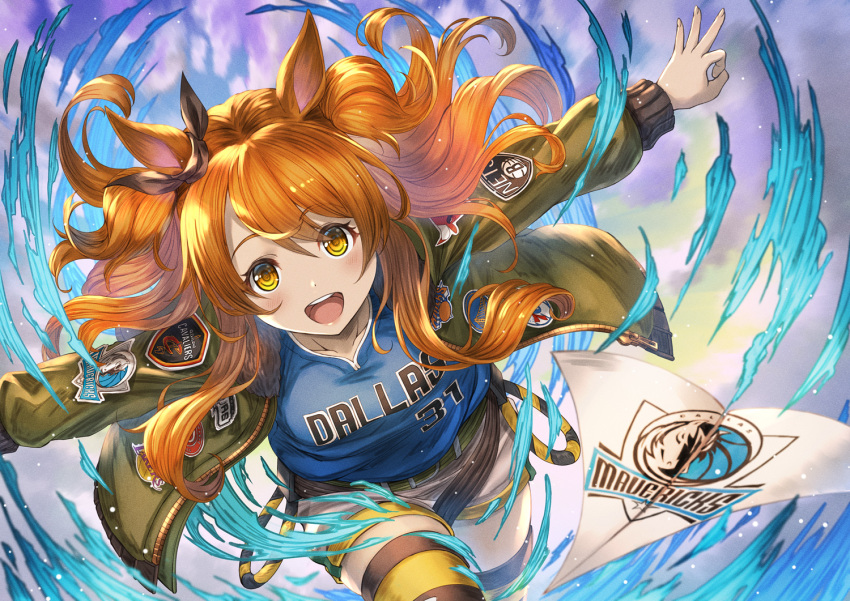 1girl, :d, animal_ears, bangs, basketball_jersey, belt, bomber_jacket, breasts