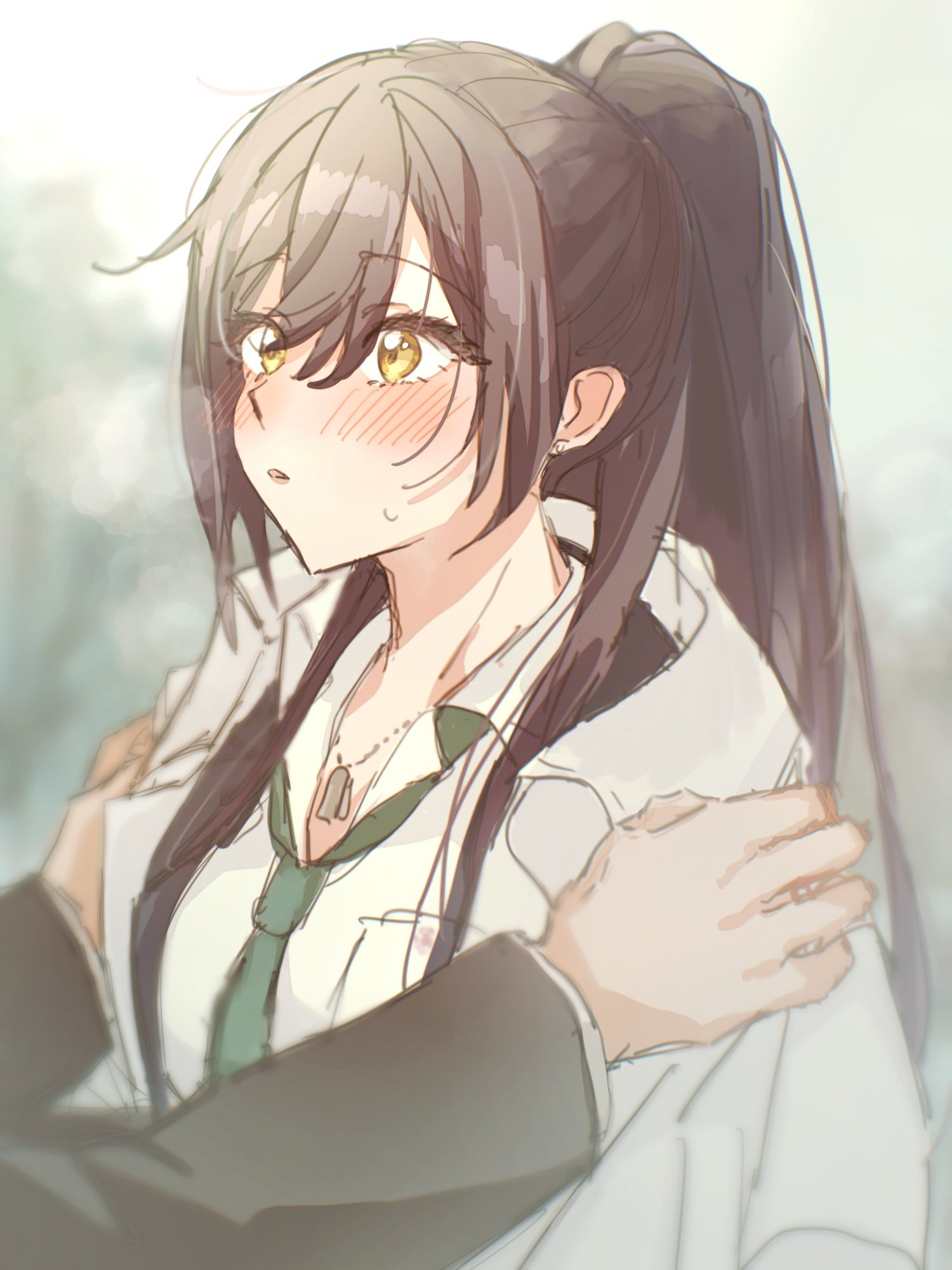1boy, 1girl, black_hair, blush, breasts, breath, coat, coat_on_shoulders