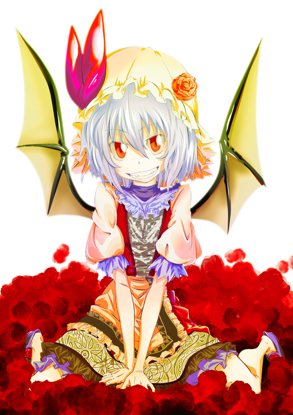 bat_wings, flower, hat, red_eyes, remilia_scarlet, rose, short_hair, silver_hair