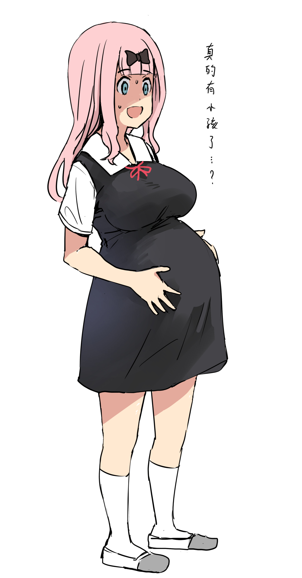 1girl, bangs, black_bow, black_dress, blunt_bangs, bow, dress, fujiwara_chika, full_body, h2o_(ddks2923), hair_bow, highres, kaguya-sama_wa_kokurasetai_~tensai-tachi_no_renai_zunousen~, kneehighs, neck_ribbon, open_mouth, pink_hair, pregnant, red_ribbon, ribbon, school_uniform, shoes, short_sleeves, shuuchiin_academy_school_uniform, socks, solo, standing, summer_uniform, sweat, white_socks