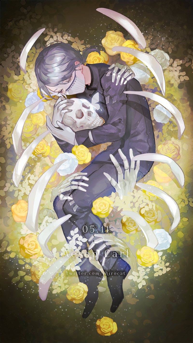 1boy, aesop_carl, bangs, black_footwear, bug, butterfly, character_name, closed_eyes, dated, flower, gloves, grey_hair, grey_jacket, grey_pants, hand_on_another's_shoulder, hand_on_another's_thigh, highres, holding, holding_skull, identity_v, ihirocat, jacket, leaf, light_particles, low_ponytail, lying, male_focus, mask, medium_hair, mouth_mask, object_hug, on_side, pants, parted_bangs, ribs, rose, shoes, short_ponytail, skeletal_hand, skull, solo, twitter_username, white_flower, white_gloves, white_rose, yellow_flower, yellow_rose