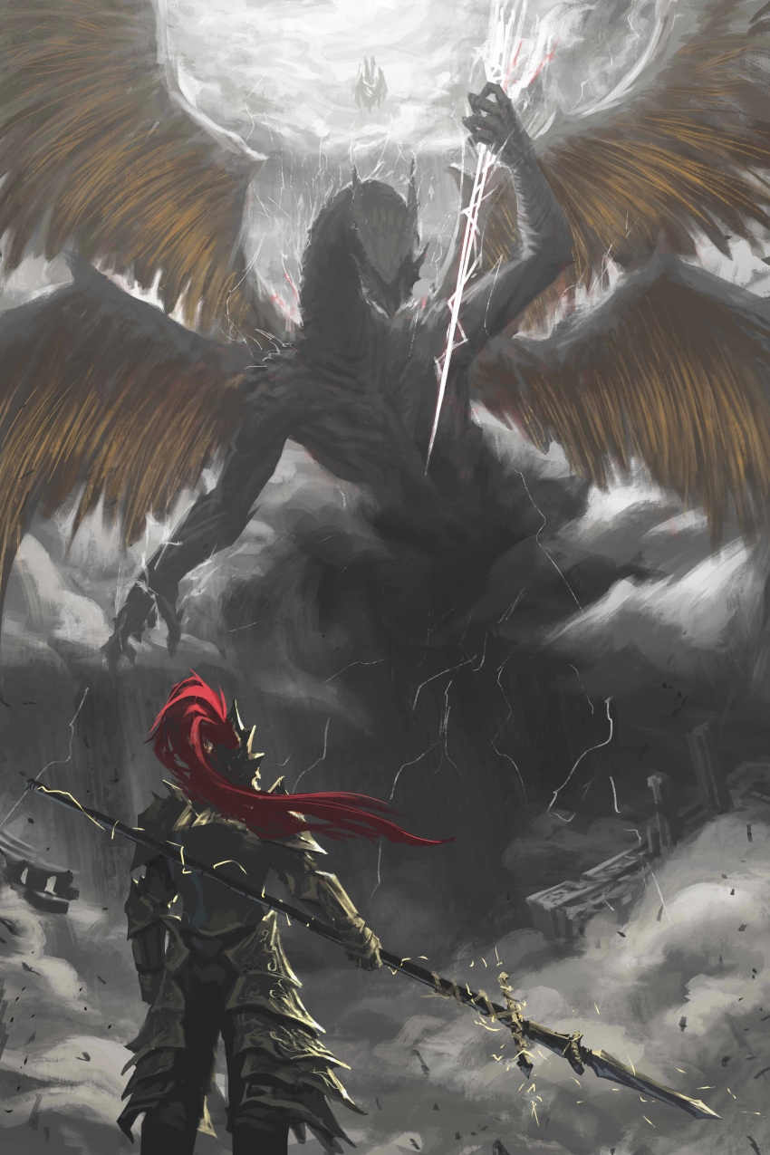 1boy, absurdres, ancient_dragon_lansseax, armor, battle, clouds, dark_souls_(series), dark_souls_i
