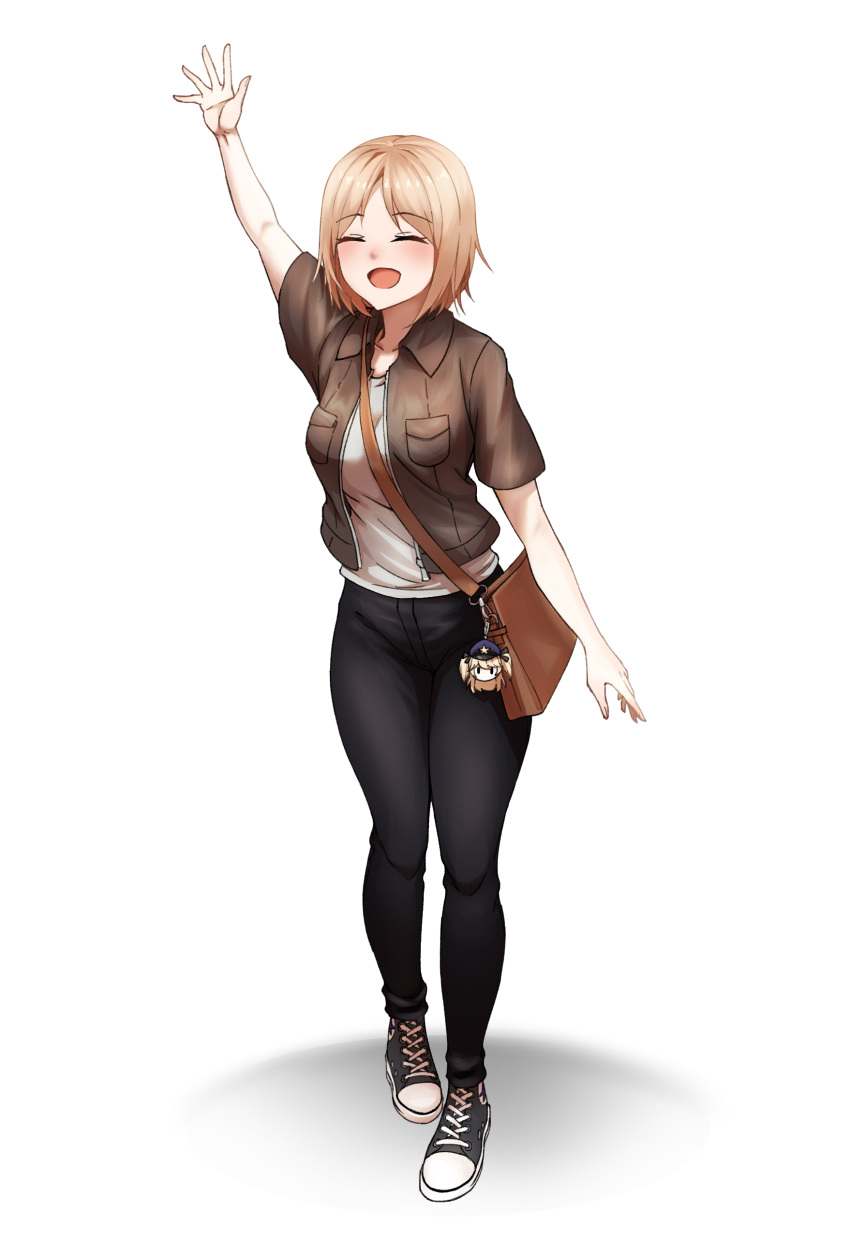 absurdres, alternate_costume, anjjun, arm_above_head, bag, bag_charm, black_footwear, black_pants