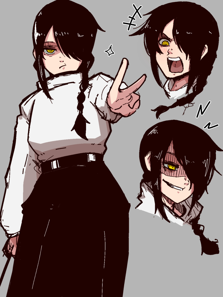 1girl, angry, black_hair, braid, chainsaw_man, frown, hair_over_one_eye, highres
