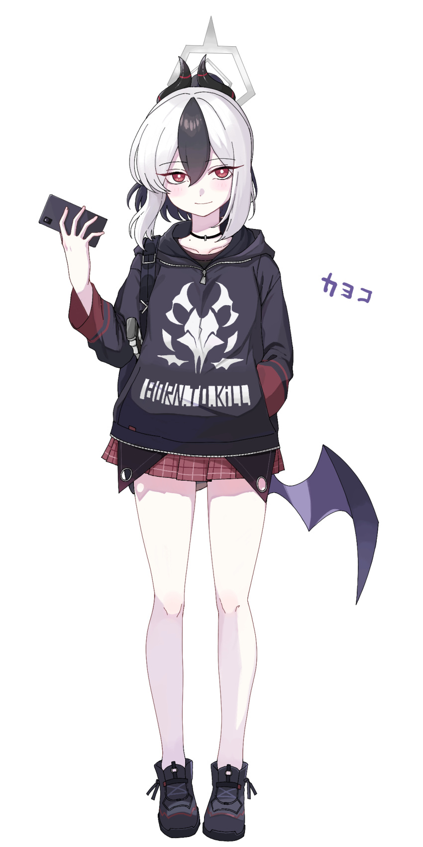 1girl, black_footwear, black_hair, black_hoodie, blue_archive, blush, bright_pupils, cellphone