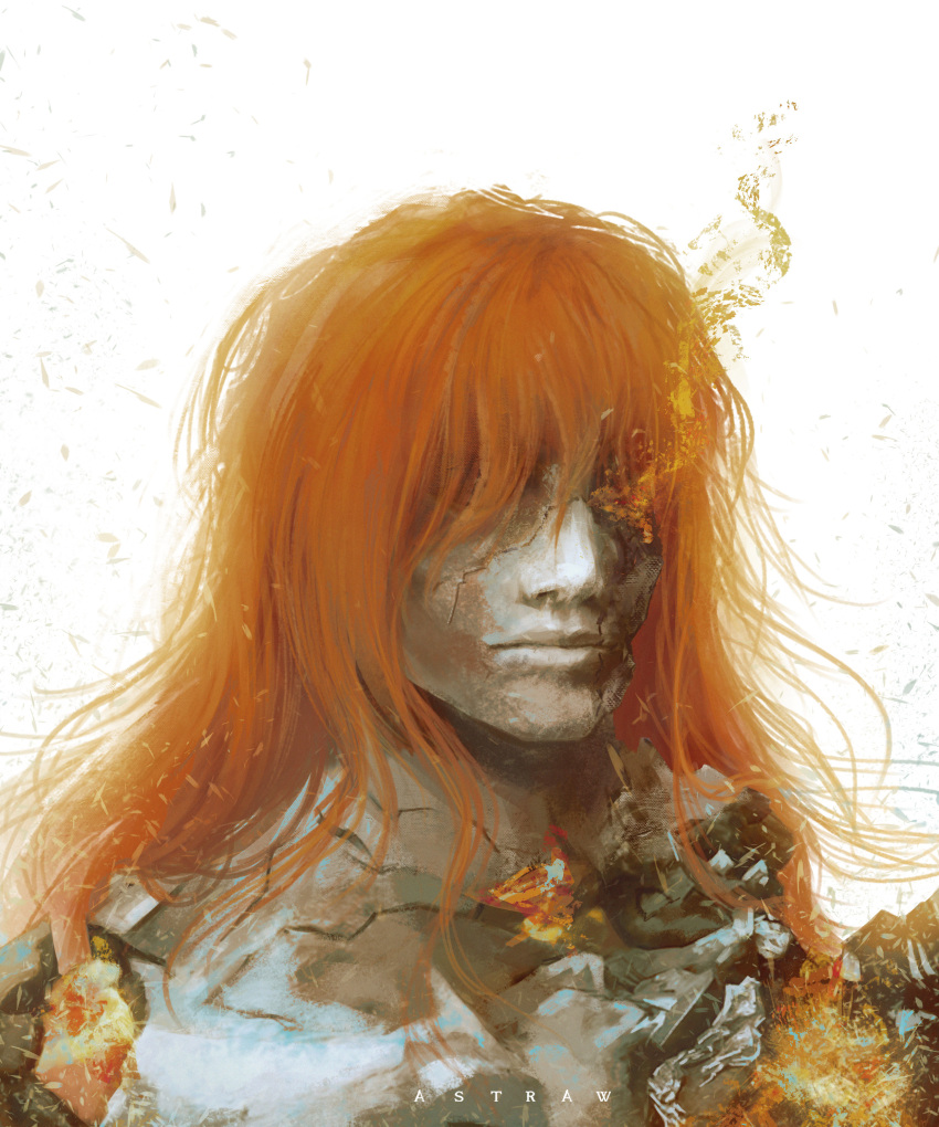 1boy, absurdres, artist_name, astraw, broken, closed_mouth, covered_eyes, crack, cracked_skin, decay, elden_ring, highres, long_hair, looking_to_the_side, out_of_frame, portrait, radagon_of_the_golden_order, redhead, solo, white_background