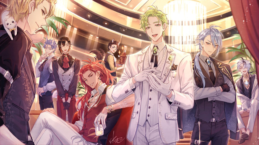 6+boys, :d, animal_ears, animal_on_shoulder, blade_(nu_carnival), blonde_hair, blue_hair, brown_hair