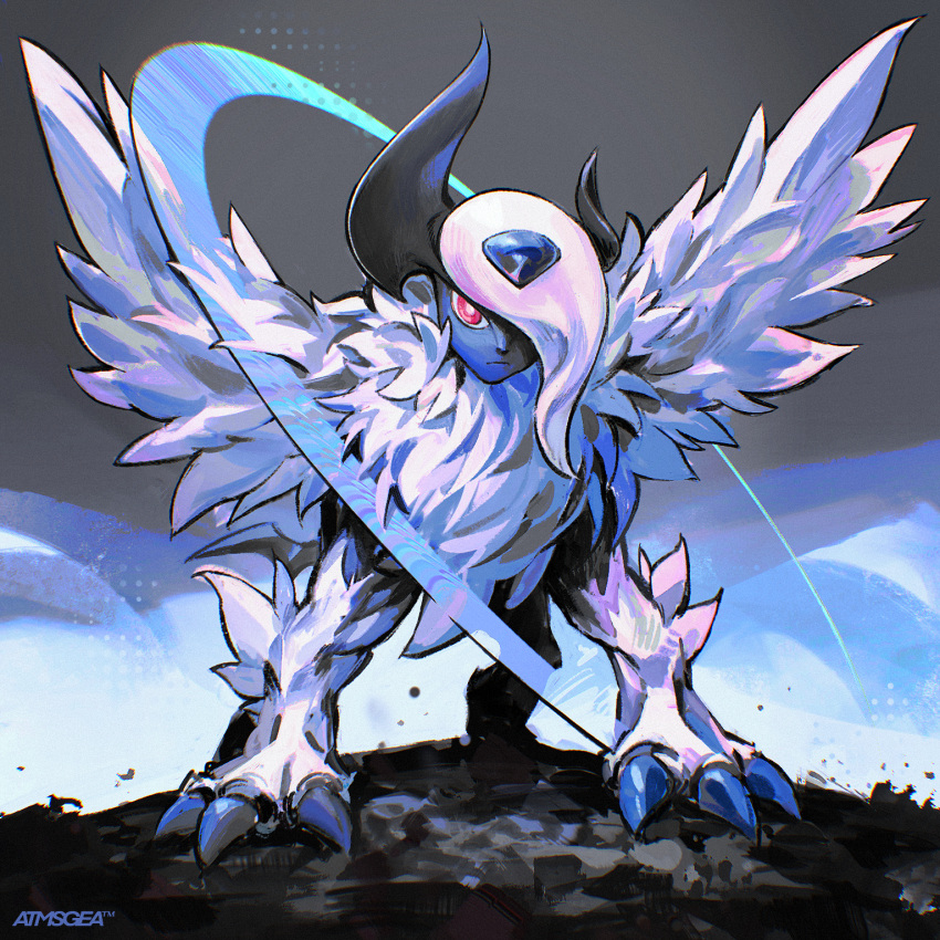 absol, animal_focus, atmosgear, bright_pupils, claws, closed_mouth, commentary, frown