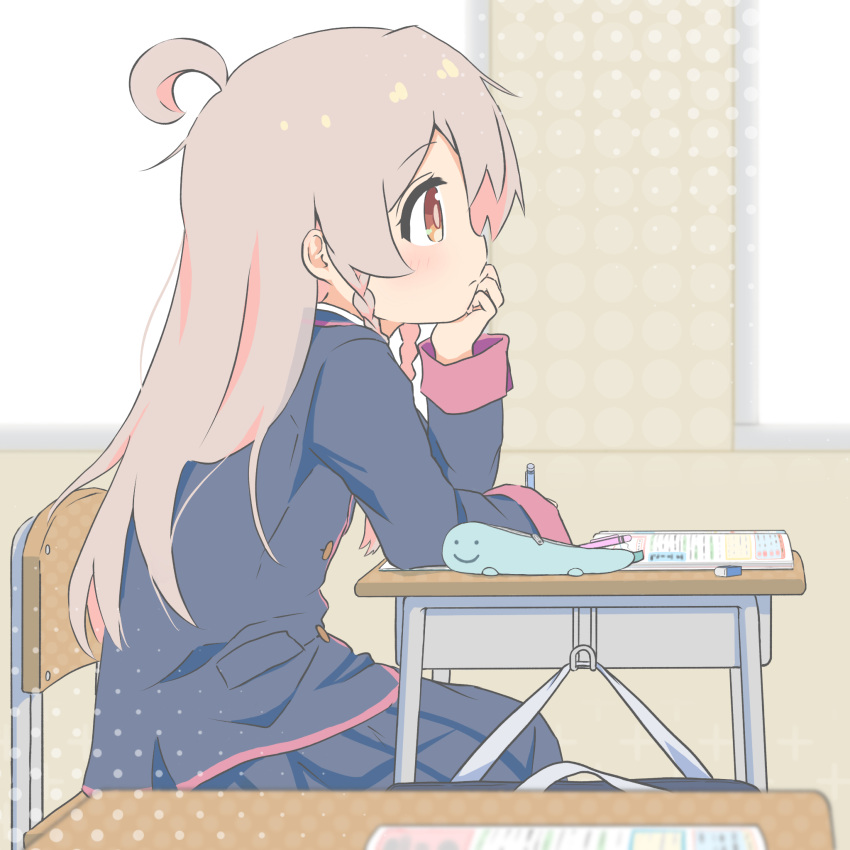 1girl, ahoge, bag, bangs, black_jacket, black_skirt, braid, brown_eyes