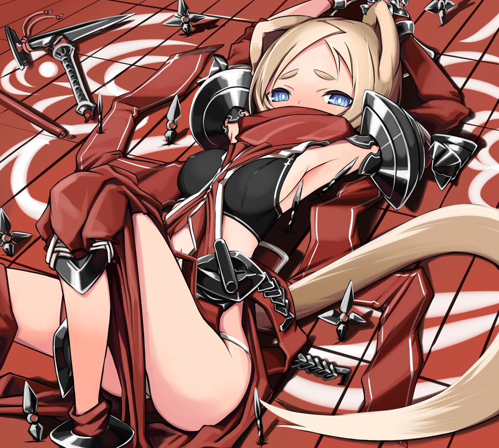 armpits, blonde_hair, blue_eyes, breasts, kunai, legs, lying, ninja, panties, scarf, sessue, short_hair, shuriken, sideboob, tail, tank_top, thong, underwear, weapon