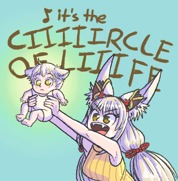 2girls, aged_down, animal_ears, baby, breasts, cat_ears, green_background, grey_hair, holding_baby, long_hair, medium_breasts, mio_(xenoblade), mother_and_daughter, multiple_girls, nia_(xenoblade), open_mouth, short_hair, simple_background, sleeveless, smile, snakeycake, the_lion_king, twintails, very_long_hair, xenoblade_chronicles_(series), xenoblade_chronicles_3, yellow_eyes