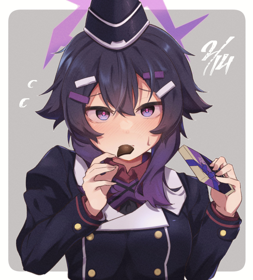 1girl, blue_archive, blush, chocolate, collared_shirt, dated, food, garrison_cap