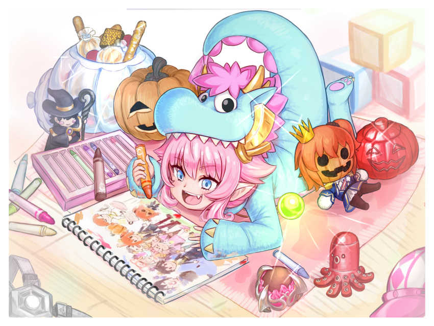 1girl, animal_costume, blue_eyes, candy, crayon, crown, discat, doll