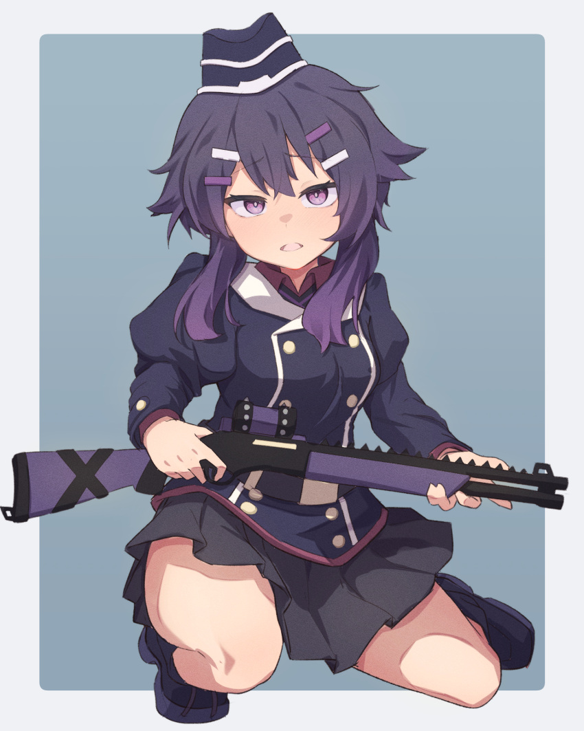 1girl, belt, black_belt, black_skirt, blue_archive, blush, boots, collared_shirt
