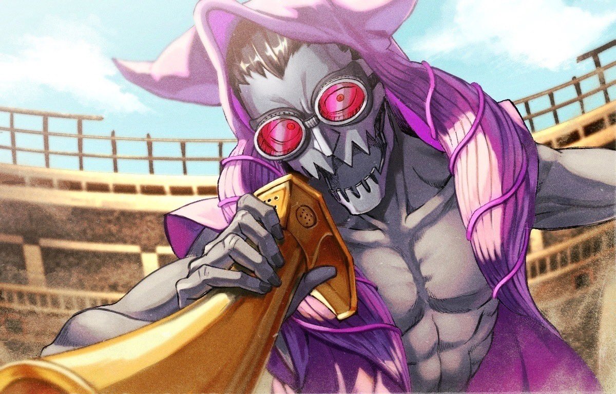 1boy, abs, arena, blue_sky, colored_skin, fake_horns, gjallarhorn, goggles