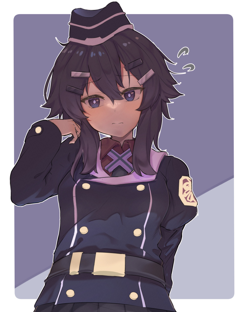1girl, absurdres, adjusting_hair, belt, black_belt, black_skirt, blue_archive, collared_shirt