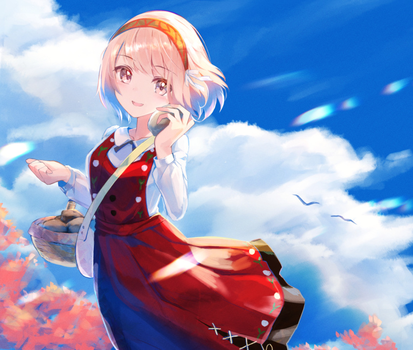1girl, :d, blue_sky, clouds, cloudy_sky, dress, fire_emblem, fire_emblem_engage, food, grey_hairband, hairband, kwz_ini, lapis_(fire_emblem), long_sleeves, pinafore_dress, pink_eyes, pink_hair, potato, red_dress, red_hairband, shirt, short_hair, sky, smile, solo, sweet_potato, two-tone_hairband, white_shirt