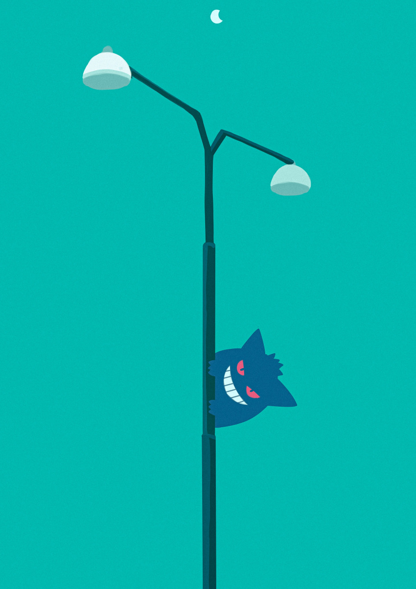 absurdres, aqua_background, crescent_moon, film_grain, gengar, grin, highres, lamppost