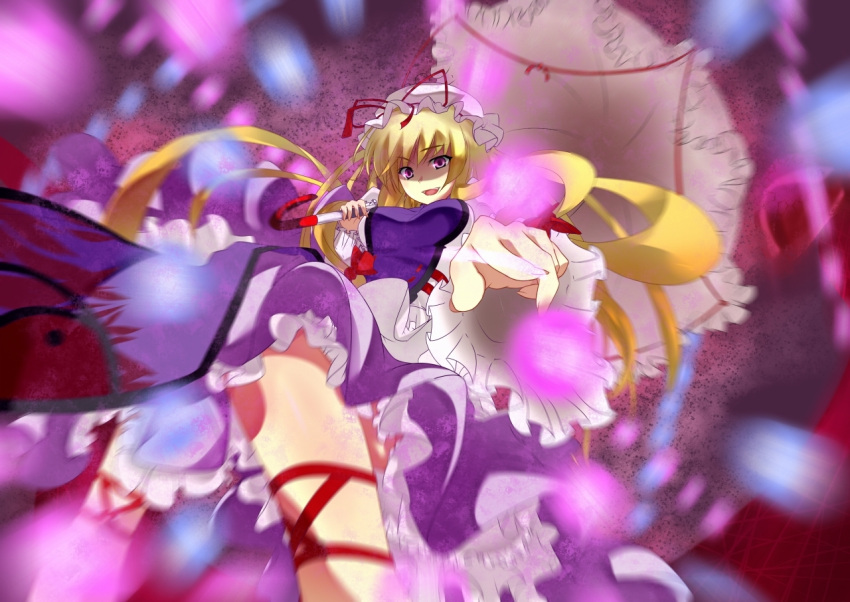 danmaku, hat, long_hair, moetarou_(artist), purple_eyes, touhou, umbrella, violet_eyes, yakumo_yukari