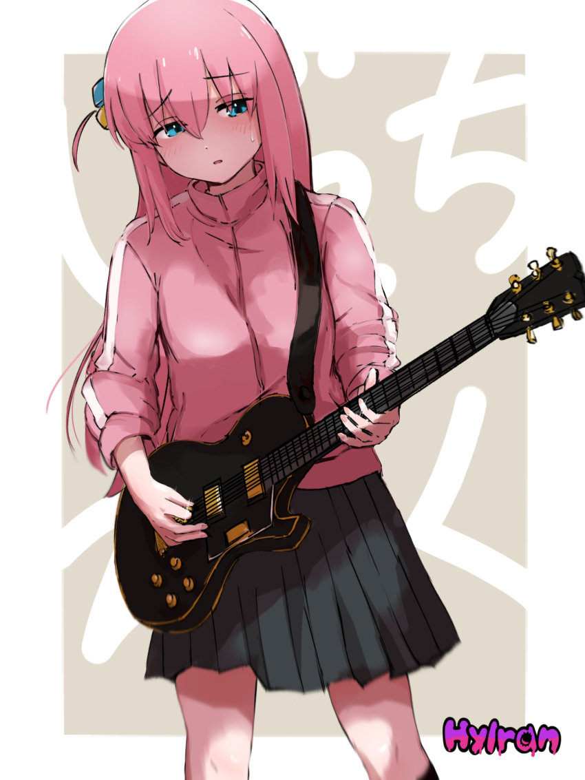 1girl, artist_name, bangs, black_skirt, blue_eyes, blush, bocchi_the_rock!, copyright_name