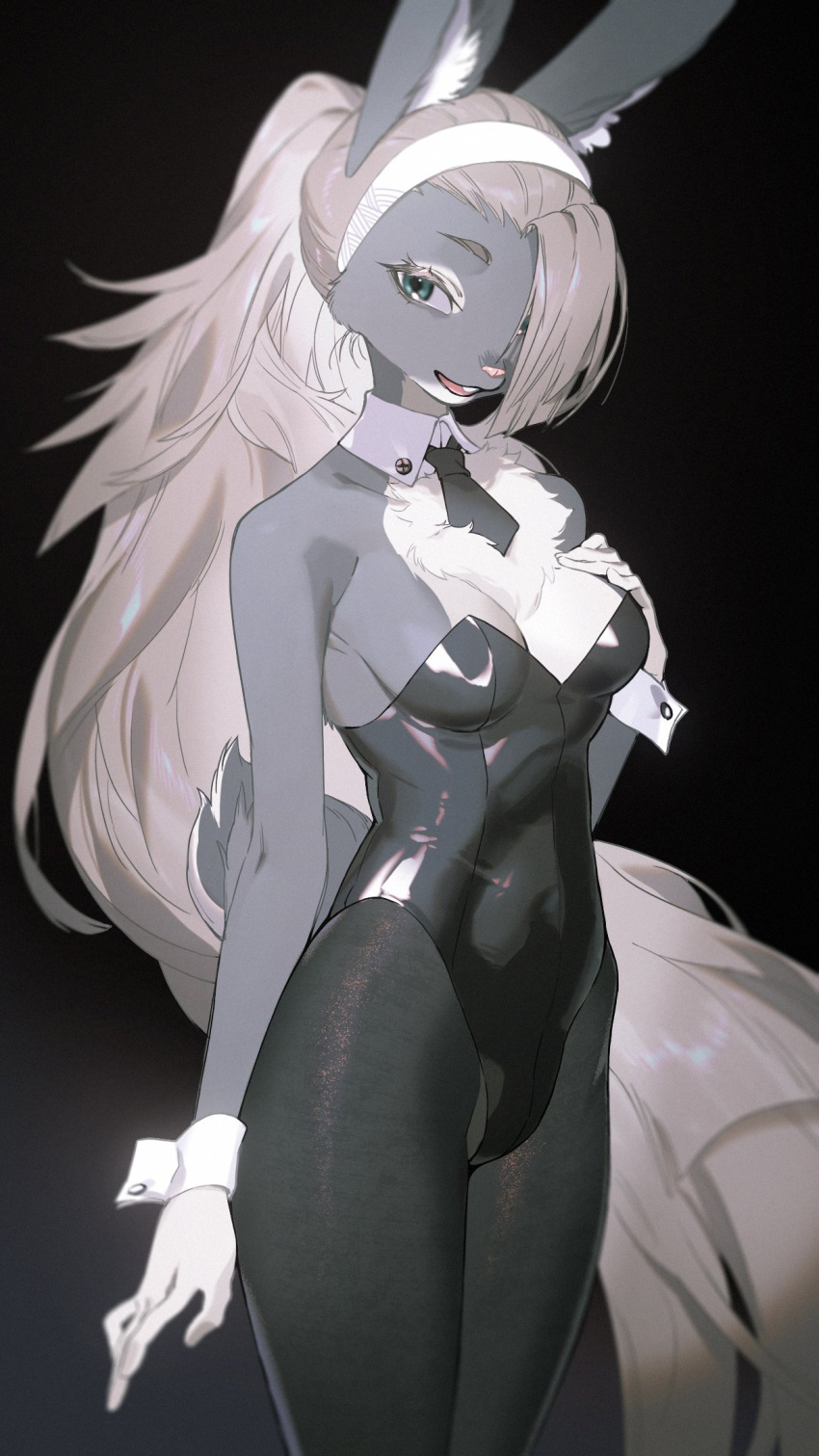 1girl, animal_ears, black_tie, collar, furry, furry_female, gloves, green_eyes