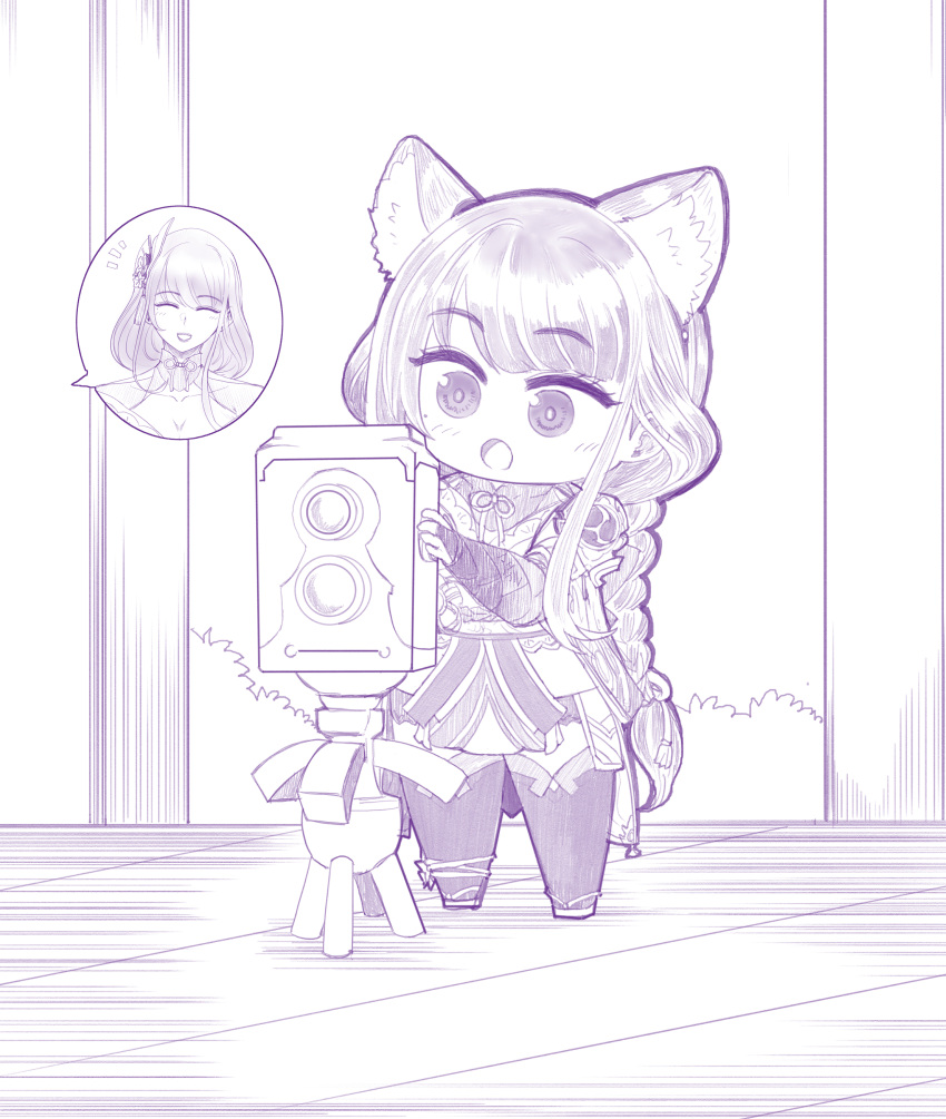2girls, absurdres, aepuru_arts, blush, braid, braided_ponytail, camera, cat_ear_hairband
