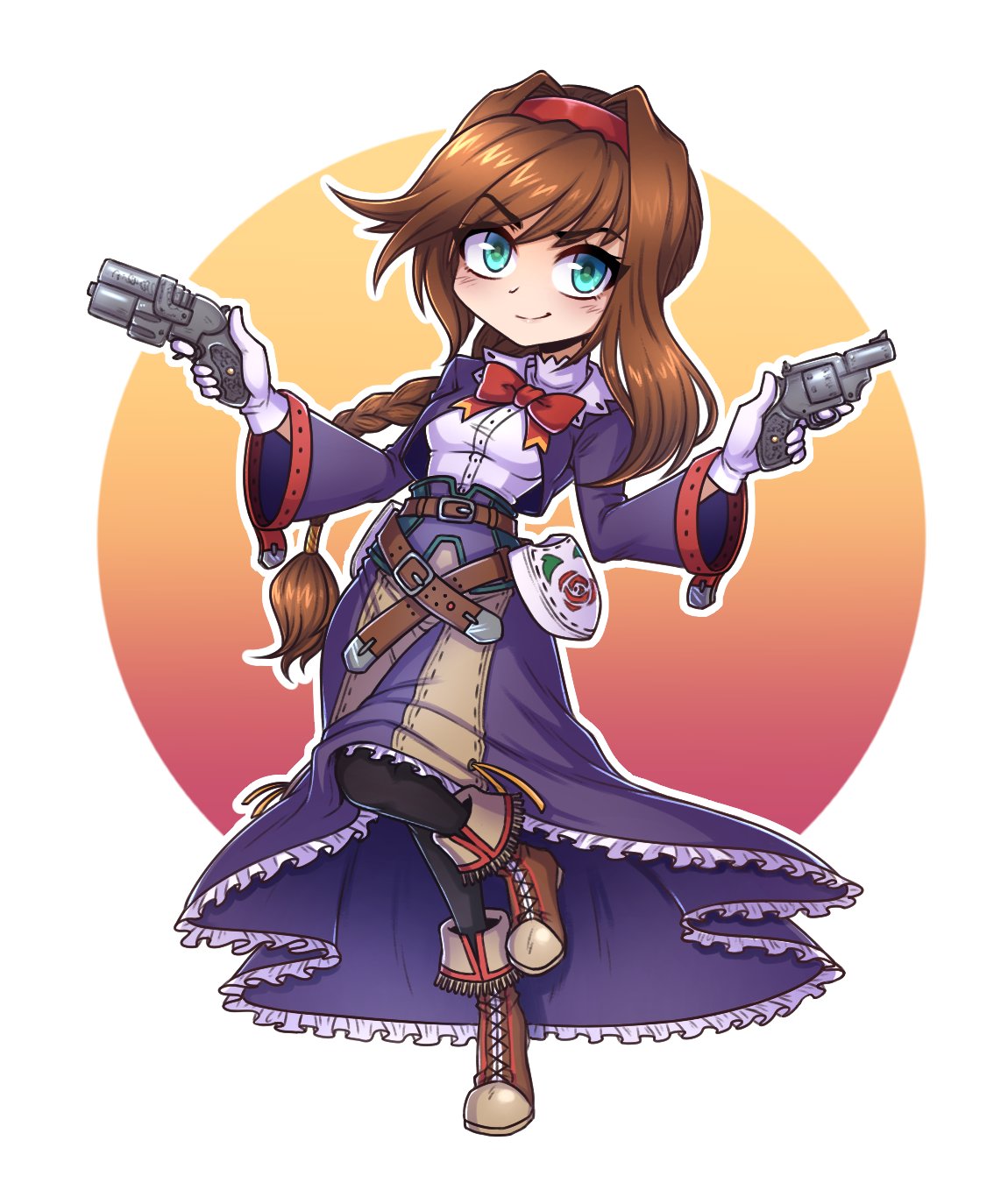 1girl, braid, brown_hair, coat, dojipan, dress, full_body, gloves, gun, headband, highres, long_hair, purple_dress, red_headband, ribbon, sidelocks, simple_background, solo, virginia_maxwell, weapon, white_gloves, wild_arms, wild_arms_3