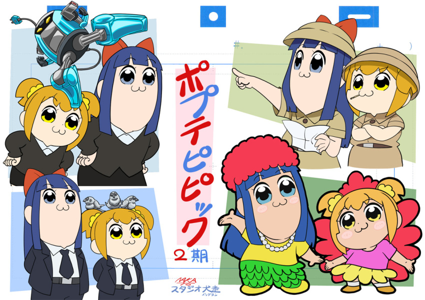 2girls, :3, animation_paper, belt, bird, black_belt, black_jacket, black_necktie