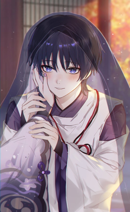1boy, 1girl, bangs, blunt_ends, blurry, blurry_background, blush, female_pov, fingernails, fractalmagnolia, genshin_impact, grin, hand_on_another's_cheek, hand_on_another's_face, japanese_clothes, looking_at_viewer, male_focus, pom_pom_(clothes), pov, pov_hands, purple_hair, purple_nails, raiden_shogun, scaramouche_(genshin_impact), scaramouche_(kabukimono)_(genshin_impact), short_hair, smile, violet_eyes