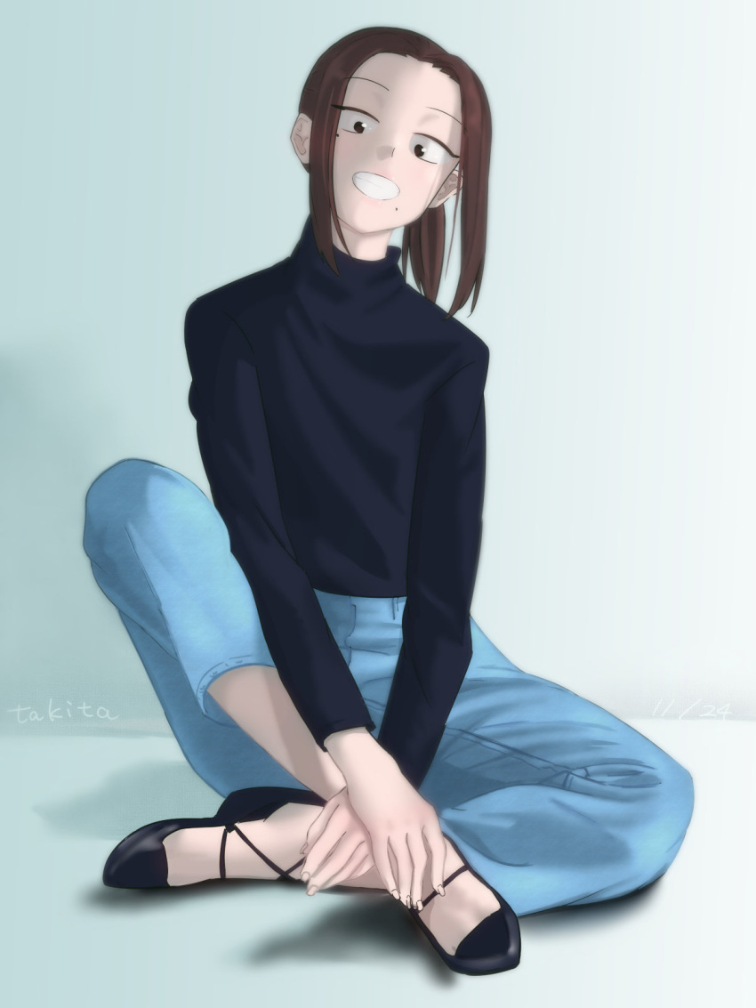 brown_hair, highres, komi-san_wa_komyushou_desu, mole, onemine_nene, sitting, smile, takita_(takita3411), teeth