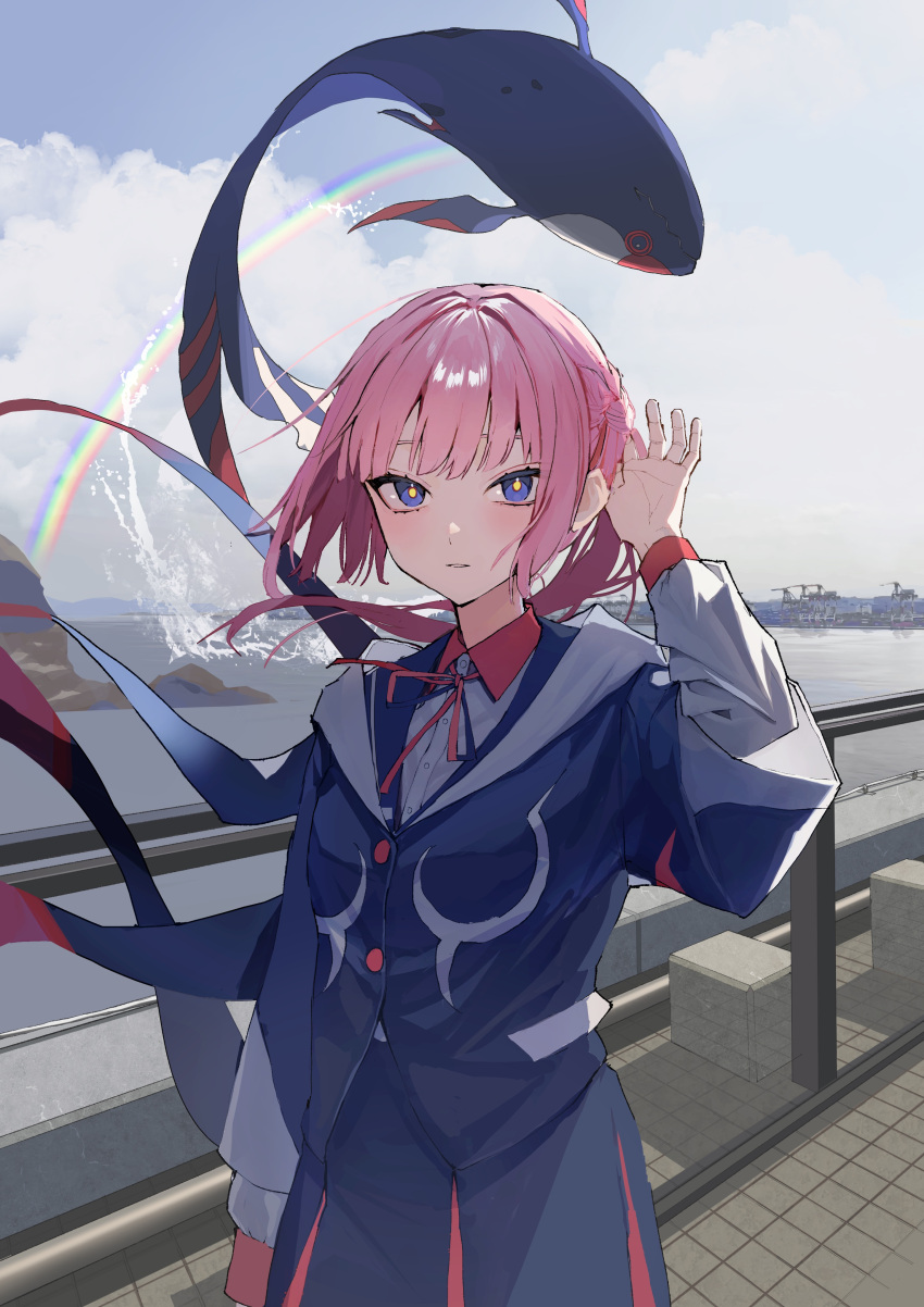 1girl, absurdres, adjusting_hair, blue_eyes, blush, braid, clouds, day, expressionless, fish, floating_hair, french_braid, highres, hood, hood_down, hooded_jacket, jacket, kaf_(kamitsubaki_studio), kamitsubaki_studio, laplace_(kamitsubaki_studio), long_hair, looking_at_viewer, multicolored_clothes, multicolored_eyes, multicolored_jacket, outdoors, parted_lips, pink_hair, ponytail, railing, rainbow, sakusya2honda, skirt, sky, virtual_youtuber, water, wind, yellow_pupils
