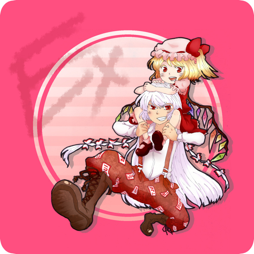 artist_request, blonde_hair, bow, flandre_scarlet, fujiwara_no_mokou, hair_bow, hair_ribbon, hat