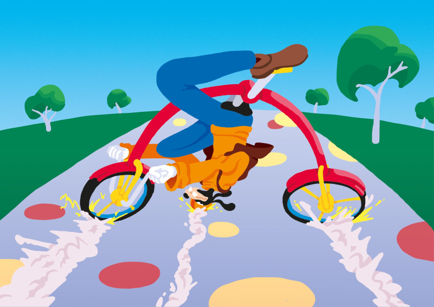 1boy, akira, akira_slide, bicycle, bicycle_helmet, blue_pants, blue_sky, brown_footwear