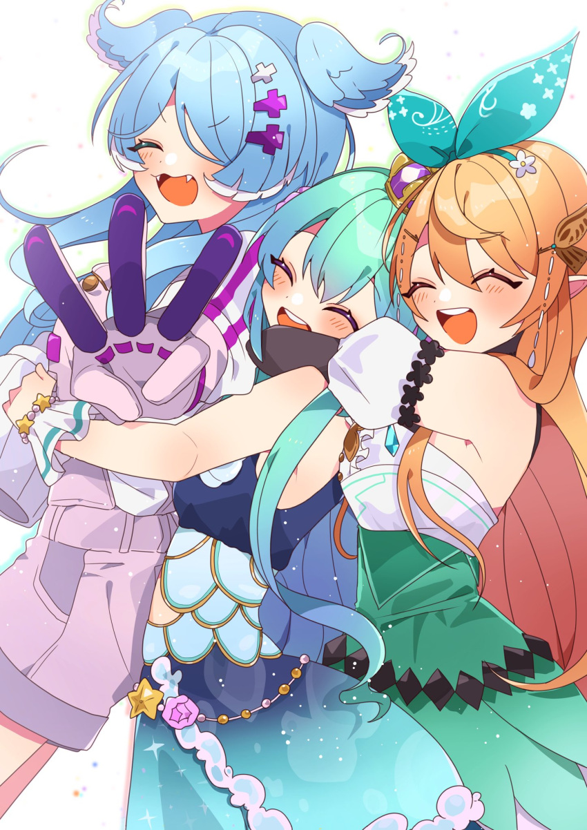 3girls, bangs, bare_shoulders, black_gloves, blonde_hair, blue_dress, blue_hair, blue_wings, blush, bow, breasts, butterfly_hair_ornament, closed_eyes, clothing_cutout, crown, detached_sleeves, dress, elbow_gloves, elira_pendora, fairy, finana_ryugu, fish_girl, flower, frills, gloves, green_bow, green_hair, green_headband, green_skirt, hair_ornament, hair_over_one_eye, hairclip, halterneck, head_fins, head_wings, headband, high-waist_skirt, highres, hug, hug_from_behind, iidaaaa, lazulight, long_hair, multicolored_hair, multiple_girls, navel_cutout, nijisanji, nijisanji_en, overall_shorts, overalls, pointy_ears, pomu_rainpuff, puffy_detached_sleeves, puffy_sleeves, seashell, shell, shirt, single_glove, skirt, sleeveless, sleeveless_shirt, small_breasts, starfish, sweater, virtual_youtuber, white_flower, white_hair, white_shirt, white_sleeves, white_sweater, wings, wrist_cuffs, x_hair_ornament