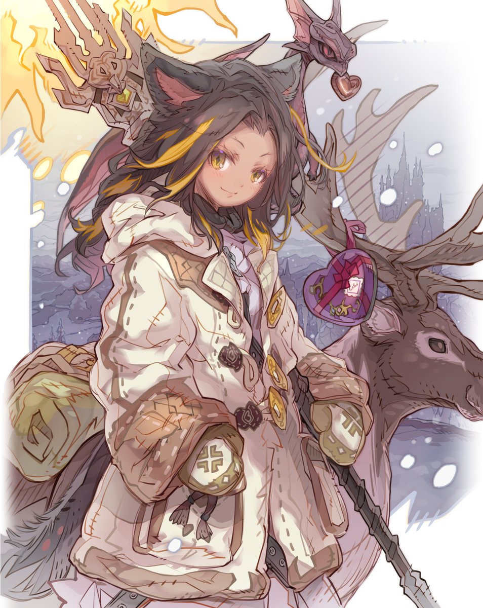 1girl, animal, animal_ears, avatar_(ff14), black_hair, blonde_hair, box, candy