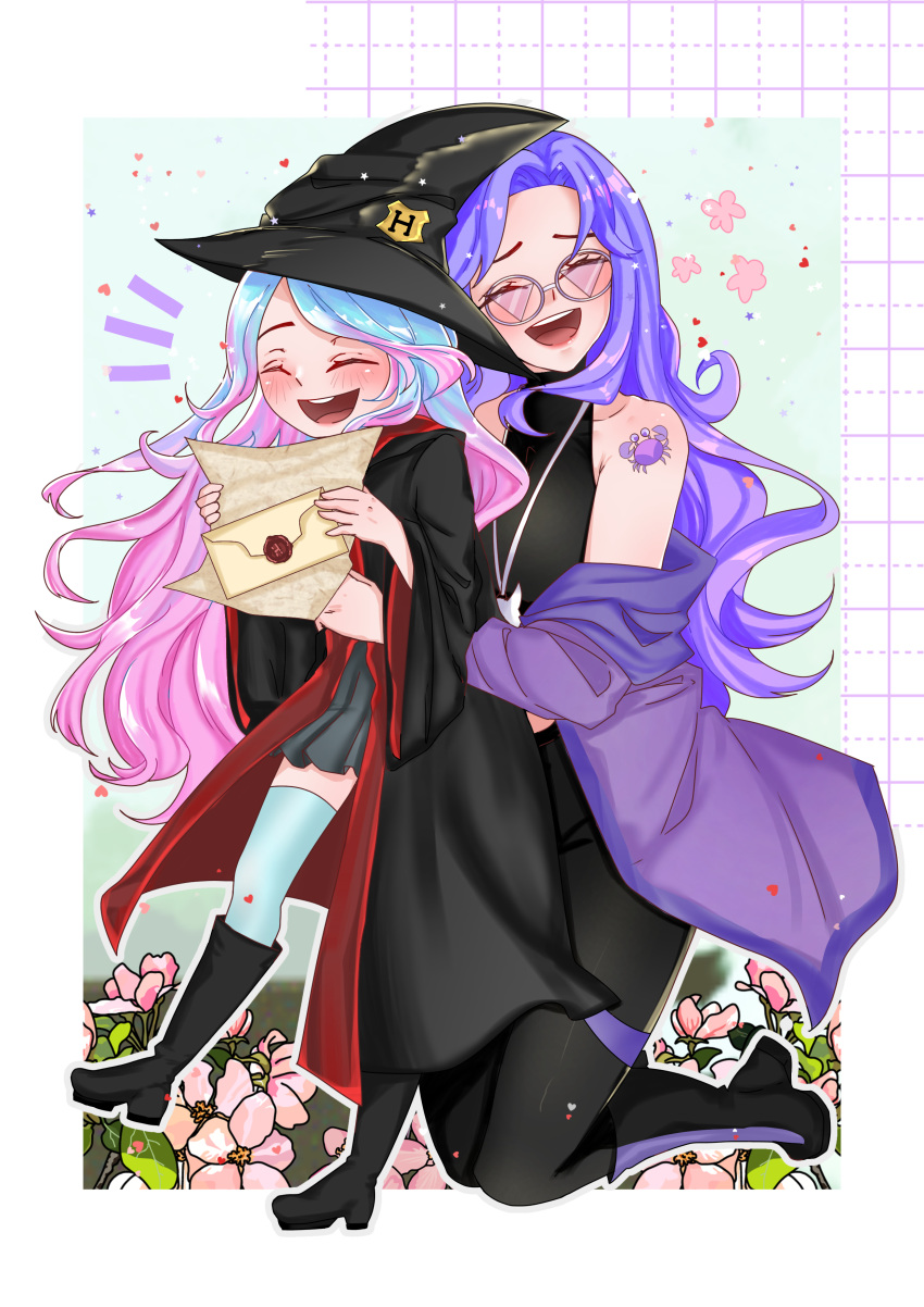 2girls, absurdres, berryjey, black_footwear, black_headwear, black_shirt, blue_hair, blush, closed_eyes, harry_potter_(series), hat, highres, hogwarts_school_uniform, hug, jacket, mamavale, mother_and_daughter, multicolored_hair, multiple_girls, off_shoulder, open_mouth, pink_hair, purple_hair, purple_jacket, school_uniform, shirt, shoes, shoulder_tattoo, silvervale, smile, socks, streaked_hair, tattoo, virtual_youtuber, vshojo, white_socks, witch_hat, wolf_girl