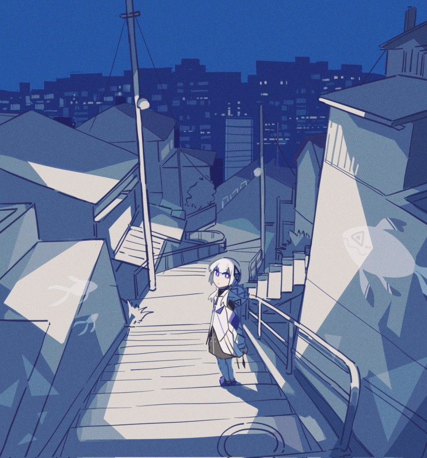 1girl, bangs, black_dress, blue_eyes, blunt_bangs, bright_pupils, building, cevio, city, cityscape, closed_mouth, diamond_hair_ornament, dot_nose, dress, expressionless, film_grain, fish, from_above, ganezugarrrrr, hair_over_shoulder, highres, hood, hood_down, hooded_jacket, house, hypnos_(cevio), jacket, kafu_(cevio), kamitsubaki_studio, lamppost, limited_palette, long_sleeves, looking_at_viewer, looking_back, low_twintails, medium_hair, night, outdoors, pantyhose, railing, shoes, short_dress, solo, stairs, standing, turning_head, twintails, white_hair, white_jacket, white_pantyhose, white_pupils, wide_shot, zipper_pull_tab