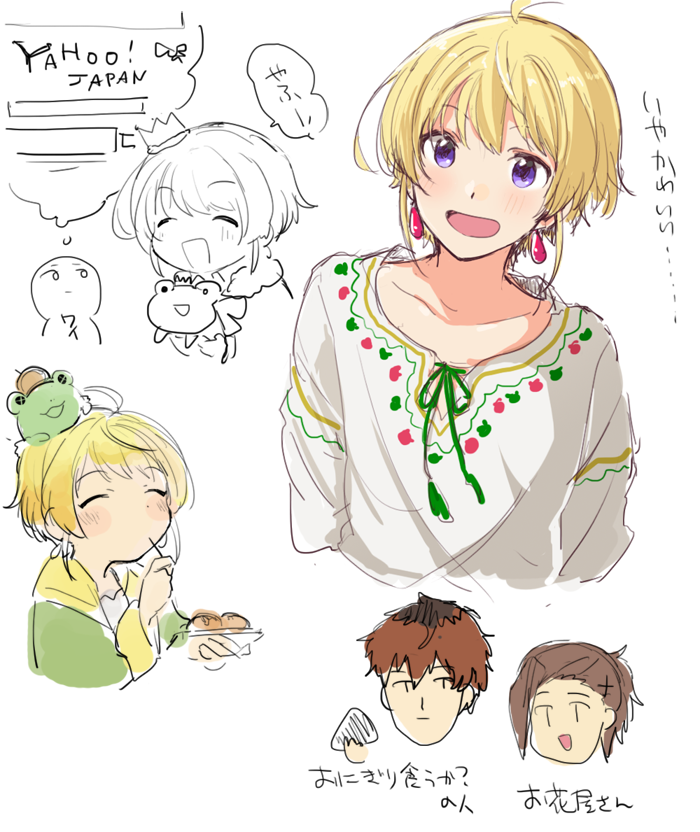 3boys, beit_(idolmaster), blonde_hair, blush, brown_hair, closed_eyes, earrings, harukawa_(aonori1022)