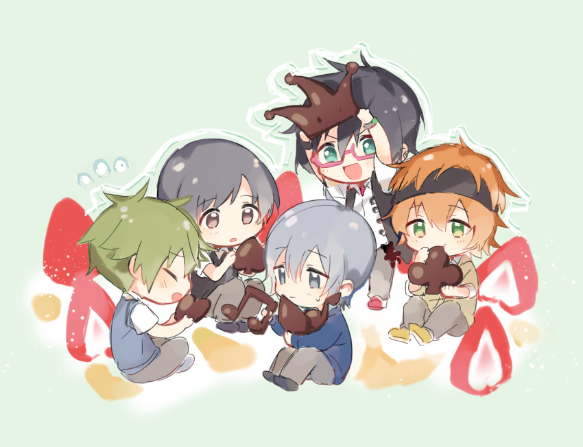 5boys, akiyama_hayato, amai_kuro, aqua_eyes, blue_eyes, brown_eyes, brown_hair, chibi, closed_eyes, fuyumi_jun, green_eyes, green_hair, grey_background, grey_hair, high_x_joker_(idolmaster), idolmaster, idolmaster_side-m, iseya_shiki, looking_at_viewer, male_focus, multiple_boys, orange_hair, sakaki_natsuki, short_hair, sitting, sweatband, wakazato_haruna