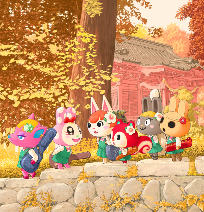 6+girls, :d, absurdres, animal_crossing, architecture, belt, blue_eyes, blush