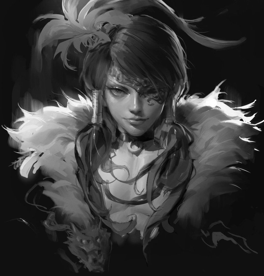 1boy, absurdres, black_background, commentary, devoidd, english_commentary, eye_poke, feather_collar